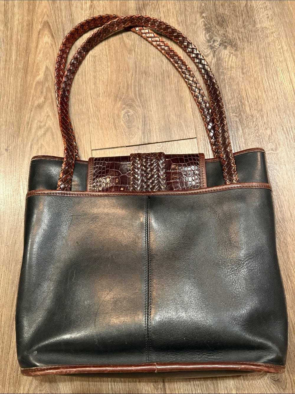 Vintage Brighton Brown Croc-Embossed Black Leather Shoulder Bag Tote - Picture 6 of 10